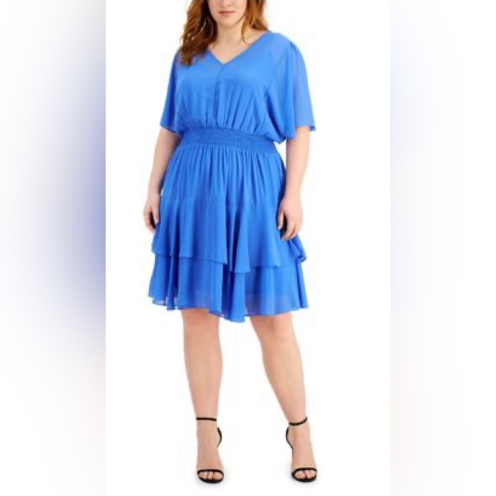 TAYLOR Blue Stretch Smocked Tiered-Hem Dress Size 16 NWT - Picture 1 of 11